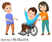 Disable kid in wheelchair smiling character vector, isolated kiddo helping invalid child. Boy with special needs and girl pushing chair. Back to school concept flat cartoon, love charity of classmates. Disable Character Sitting in Wheel and Classmates. Стоковая иллюстрация, агентство Ingram Publishing / Фотобанк Лори