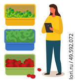 Boxes with tomatoes, cucumbers and lettuce. A woman with a tablet makes notes. Harvest. Woman counts the harvest. Ripe vegetables. Selling eco-friendly vegetables. The growing system without soil. Woman with tablet counts the harvest of vegetables in boxes. Diverse vegetables. Urban agriculture. Стоковая иллюстрация, агентство Ingram Publishing / Фотобанк Лори