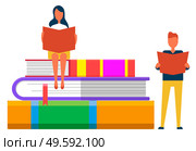 Online library, students reading, knowledge and books pile with bookmarks vector. Literature or textbooks, encyclopedias stack. Internet portal, novels and scientific info, web education illustration. Students Reading Books, Online Library, Textbooks. Стоковая иллюстрация, агентство Ingram Publishing / Фотобанк Лори