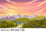 Landscape nature background with mountains, clear sky and clouds, the river flows along the winding road. Beautifu landscape with mountain river descends from peaks and flows through a rocky valley. Natural landscape background with mountains, clear sky and the river flows along the winding road. Стоковая иллюстрация, агентство Ingram Publishing / Фотобанк Лори