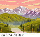 Beautiful evening landscape with pink clouded sky and mountains. View at evening summer scenery with river, hills, trees, mountains. Nature reflects in water. Nobody around. Beautiful nature scene. Beautiful view at evening summer scenery with pink sky, clouds, river, hills, trees, mountains. Стоковая иллюстрация, агентство Ingram Publishing / Фотобанк Лори