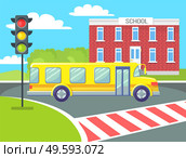 Bright yellow modern school bus stops before pedestrian crossing near traffic light. Colorful education transportation vehicle vector illustration. Back to school concept. Flat cartoon. Yellow School Bus on Pedestrian Crossing Vector. Стоковая иллюстрация, агентство Ingram Publishing / Фотобанк Лори
