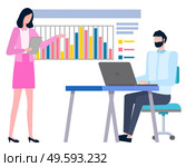 People working in team, planning and cooperation. Vector man writing business report, woman colleague gives her advices how to plan financial issues. People Working in Team, Planning and Cooperation. Стоковая иллюстрация, агентство Ingram Publishing / Фотобанк Лори