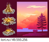 Abstract nature landscape. Mountain and forest fire. Campfire set realistic design vector poster. Natural disaster. Firewood logs, cleft stumps stacked for a fire on stones, fire burns with red sparks. Abstract nature landscape. Mountain and forest fire. Campfire set realistic design vector poster. Стоковая иллюстрация, агентство Ingram Publishing / Фотобанк Лори