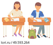 Classmates boy and girl vector, isolated schoolboy and schoolgirl writing in notebooks. Wooden desks with books and supplies, bag satchel of character. Back to school concept. Flat cartoon. Classmates Writing Composition in Notebooks School. Стоковая иллюстрация, агентство Ingram Publishing / Фотобанк Лори