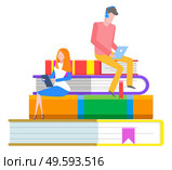 Online library, students reading through tablet, knowledge and books pile with bookmarks vector. Literature or textbooks, encyclopedias stack. Internet portal, web education site illustration. Students Reading Through Tablet, Online Library. Стоковая иллюстрация, агентство Ingram Publishing / Фотобанк Лори