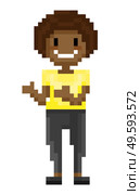 Afro American personage vector, isolated pixel character with smile on face, woman wearing tshirt and trousers, fashionable person gesturing 8 bit game. Smiling Afro American Pixel Game Character Vector. Стоковая иллюстрация, агентство Ingram Publishing / Фотобанк Лори