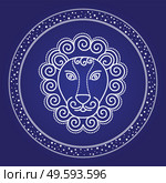 Leo zodiac emblem in starry circle isolated on blue. Head of lion astronomy and birthday element. Constellation of animal mythology sign in round shape. Horoscope card with star character vector. Lion Starry Horoscope and Astrology Emblem Vector. Стоковая иллюстрация, агентство Ingram Publishing / Фотобанк Лори