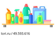 Cleaning tools, collection of bottle with laundry detergent, toilet cleaner, cleanser, spray for cleaning window or glass, brush, container with liquid for washing clothes, dishwashing liquid. Cleaning tools, collection of bottles or containers with detergent for washing or cleaning interior. Стоковая иллюстрация, агентство Ingram Publishing / Фотобанк Лори