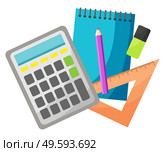 Calculating device vector, isolated notebook and pencil. Mathematics lesson, eraser and textbook, pad for writing solutions on lessons set. Back to school concept. Flat cartoon. Calculator and Notebook with Pencil and Pen Set. Стоковая иллюстрация, агентство Ingram Publishing / Фотобанк Лори