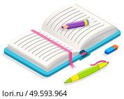 Opened notebook with blue cover, pink fabric bookmark and lined pages. Pencil, ballpoint pen and eraser or rubber. Colorful school or office supplies, stationery isometric style vector illustration. Opened Notebook, Pen, Pencil and Rubber Vector. Стоковая иллюстрация, агентство Ingram Publishing / Фотобанк Лори
