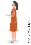 Image of young black-haired girl in profile with bent arm. Girl in a dress or traditional dress. Oriental or Chinese woman. Woman character standing. Illustration of a beautiful Asian female. Image of young black-haired girl in traditional clothes with bent arm. Chinese girl in brown dress. Стоковая иллюстрация, агентство Ingram Publishing / Фотобанк Лори