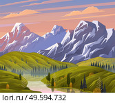 Natural landscape background with mountains, clear sky and clouds, the river flows along the forest shores. A mountain river descends from the peaks and flows through a rocky valley. Beautiful nature. Natural landscape background with mountains, clear sky and the river flows along the forest shores. Стоковая иллюстрация, агентство Ingram Publishing / Фотобанк Лори