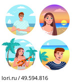 Smiling people avatar set. Men and women portraits in different locations summer time vacations. Young persons travelers, girl in tropical island and ocean shore, guy on the sea and beach landscape. Smiling people avatar set. Men and women portraits in different locations summer time vacations. Стоковая иллюстрация, агентство Ingram Publishing / Фотобанк Лори