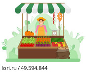 Woman selling vegetables in trading shop under canopy. Market or food trade. Cabbage, tomatoes, eggplant, carrots. Self-sufficiency. Attraction and accumulation of capital. Agriculture, harvesting. A woman sells vegetables in a vegetable shop at the market. Street trading. Farming and gardening. Стоковая иллюстрация, агентство Ingram Publishing / Фотобанк Лори