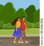 Dating couple outdoor summer landscape walking together. Young peolpe smiling man and woman hugging walking. Girl with guy, people in love spend time together, relationships between male and female. Dating couple outdoor summer landscape walking together. Young peolpe smiling man and woman hugging. Стоковая иллюстрация, агентство Ingram Publishing / Фотобанк Лори