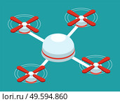 Drone vector copter icon. Flat bicolor red and white aircraft symbol, rounded angles, blue background. Quadrocopter small helicopter with propellers, flight instrument with camera modern device. Drone vector copter icon. Flat bicolor red and white aircraft symbol, rounded angles blue background. Стоковая иллюстрация, агентство Ingram Publishing / Фотобанк Лори