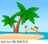 Children play with an inflatable ball on the beach under palm trees. Relax on a tropical spicy. Vacation in hot countries. Games near the sea or ocean. Tropical island. Travel to exotic countries. Children play ball on the beach, palm trees on uninhabited island. Travelling to hot countries. Стоковая иллюстрация, агентство Ingram Publishing / Фотобанк Лори