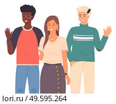 Young people stand and wave their hands. Dark-skinned guy with glasses and bracelet, long-haired girl wears earrings, necklace, guy with extraordinary haircut. People say hello in different languages. Different race young people greet. Say hello in different languages. Friendly guys and girl. Стоковая иллюстрация, агентство Ingram Publishing / Фотобанк Лори