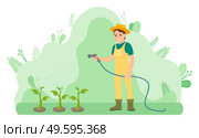 Woman gardener in yellow overalls and rubber boots water plants using hose. Green stems grow out of the ground. Shapeless flowing green floral background. Care for the garden, agriculture. Flat image. Gardener girl is watering plants using spray hose. Look after the crop. Green smooth background. Стоковая иллюстрация, агентство Ingram Publishing / Фотобанк Лори