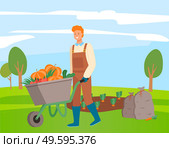 Red-haired farmer in overalls rolls garden wagon with crop of pumpkins, tomatoes. Vegetable garden with sprouts of vegetables, carrots. Harvested bags. Farming, agriculture, self-sufficiency. The farmer rolls cart with the crop. Harvest of pumpkins, tomatoes, carrots. Sacks of carrots. Стоковая иллюстрация, агентство Ingram Publishing / Фотобанк Лори