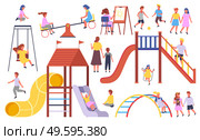 Children s activities. Kids playing at playground, with ball, jumping rope, walking holding hands, carousel, up-and-down, slide, swing, drawing picture, mother and kid. Set of cartoon illustrations. Kids playing at playground, with ball, jumping rope, carousel, up-and-down, slide, swinging. Стоковая иллюстрация, агентство Ingram Publishing / Фотобанк Лори