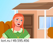 Red-haired young girl with blue eyes, gold jewelry and green blouse. Woman talking and smiling on cottage background. Video blog or broadcast, subscribers, followers. Girl blogger or streamer. Red haired young girl video blogging on the private house background. Video chatting, streaming. Стоковая иллюстрация, агентство Ingram Publishing / Фотобанк Лори