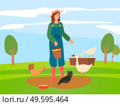 Young woman or girl farmer in hat and overalls feeds poultry grain. Girl takes care of chickens, geese. Woman nourishes hens and geese. Female stands on green meadow with poultry. Flat image. Woman farmer in overalls stands on green lawn and feeds poultry with grain. Trees on background. Стоковая иллюстрация, агентство Ingram Publishing / Фотобанк Лори