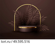 Minimal black scene with geometric shapes and palm leaves. Cylindrical gold and black podium on a brown chocolate background. 3D stage for displaying a cosmetic product, showcase. Minimal black scene with geometric shapes and palm leaves. Cylindrical gold and black podium on a brown chocolate background. 3D stage for displaying a cosmetic product. Стоковая иллюстрация, агентство Ingram Publishing / Фотобанк Лори