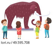Schoolkids in natural history museum. Exhibition with mammoth with fur, big tusk and trunk. Group of children carefully looking and studying prehistoric exhibit. Vector illustration in flat style. Children on Exhibition in Museum with Mammoth. Стоковая иллюстрация, агентство Ingram Publishing / Фотобанк Лори