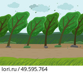 Strong wind and heavy fall of the leaves in the forest. Autumn wind blowing in the park. Green trees bend to the ground from strong winds, the sky is filled with clouds, Empty park in bad weather. Strong wind and heavy fall of the leaves in the forest. Autumn concept. Wind blowing in the park. Стоковая иллюстрация, агентство Ingram Publishing / Фотобанк Лори