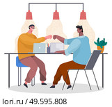 Men office workers fists bumping at a table with laptops. Victory celebration, business cooperation. Team building. Teamwork. Office space, light pours from the ceiling lights. Flat vector image.. Fists bump employees as a sign of cooperation. Team works in the office. Office space. Flat vector. Стоковая иллюстрация, агентство Ingram Publishing / Фотобанк Лори