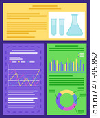 Chemical laboratory concept with instrumentation glassware, burners and fluids, infographic vector. Measurement experiments, reactions with acids and graphics. Chemistry lab beakers illustration. Flasks and Beakers, Infographics and Chemistry. Стоковая иллюстрация, агентство Ingram Publishing / Фотобанк Лори