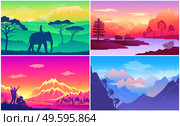Traveling in exotic countries, africa, man riding at elephant, travel by car to river, happy tourisits near high mountains, climbing at rock, hiking, colorful illustrations, love traveling, explorers. Traveling in exotic countries, man riding at elephant, travel by car to river, happy tourisits. Стоковая иллюстрация, агентство Ingram Publishing / Фотобанк Лори