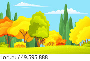 Autumn forest beautiful landscape with orange, yellow, green trees, bushes, grass, forest or wood, view at autumn scenery, beauty of day nature, background concept, nobody, colorful flat illustration. Autumn forest beautiful landscape with orange, yellow, green trees, bushes, grass, autumn forest or wood, view. Стоковая иллюстрация, агентство Ingram Publishing / Фотобанк Лори