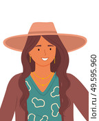 Beautiful girl in a brown hat on a white background. Stylish portrait of young woman flat style. Smiling female character wearing in aquamarine blouse and a wide brim headdress. Elegant pretty girl. Beautiful girl in a brown hat on a white background. Stylish portrait of young woman flat style. Стоковая иллюстрация, агентство Ingram Publishing / Фотобанк Лори