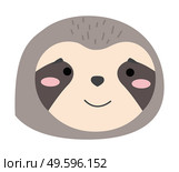 Cartoon portrait of the sloth isolated on white. Cute idler flat vector illustration. Muzzle of wild animal icon. Forest inhabitant head one object. Emoji funny animal. Embarrassed smile emotion. Cartoon portrait of the sloth isolated. Cute idler flat vector illustration. Muzzle of wild animal. Стоковая иллюстрация, агентство Ingram Publishing / Фотобанк Лори