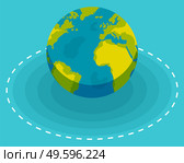 Planet earth on blue background vector illustration. Top view of the planet in the form of a sphere with shadow. Globe in blue and green colour with continents and oceans, geography element world map. Planet earth on blue background vector illustration. Top view of the planet with shadow. Стоковая иллюстрация, агентство Ingram Publishing / Фотобанк Лори