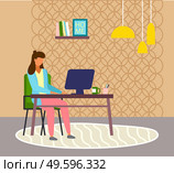 Stay at home and work remotely. Quarantine self-isolation at home. Prevention of covid-19 or coronavirus. Virus outbreak. Woman working with computer at distance work. Effectively organizing home time. Woman working at home, using computer, distance work, freelance, quarantine home self-isolation. Стоковая иллюстрация, агентство Ingram Publishing / Фотобанк Лори