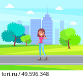 Young smiling girl wearing pink t-shirt and jeans, stylish shoes at heels. Fashionable woman with bob hairstyle walking in green park at urban view background. Cheerful girl posing, talking by phone. Stylish girl in jeans walking in urban park talking by phone, high-rise city buildings at background. Стоковая иллюстрация, агентство Ingram Publishing / Фотобанк Лори