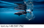 Plastic pollution in the ocean is an environmental problem. Whales swim among plastic waste in the ocean. A global problem, a threat to ocean wildlife and calling for urgent action to protect the environment. Стоковое AI-изображение, AI-художник ALLA YURTAYEVA / Фотобанк Лори