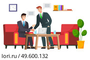 Business propasal for partner. Man make agreement deal handshake. Hiring interview. Colleagues discuss project. Teamwork idea. Accepting proposals for investment in finance and exchanging ideas. Business propasal for partner. Man make agreement handshake interview. Colleagues discuss project. Стоковая иллюстрация, агентство Ingram Publishing / Фотобанк Лори