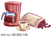 Sketch of electric kettle, with saucer and coffee drink, beans in bag. Drawing coffee-house objects, espresso or cappuccino, glass dishware, shop vector. Coffee Beans, Cup and Kettle, Coffee-house Vector. Стоковая иллюстрация, агентство Ingram Publishing / Фотобанк Лори