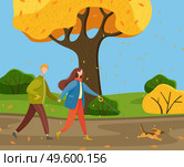 Autumn park, yellow trees, bushes, falling leaves, young warmly dressed couple walking cheerful little dog on leash. Happy pet. Woman and man are holding hands. Family in various weather conditions. People walk dog on leash, autumn park or countryside, fall leaves, yellow trees, bushes. Autumn time. Стоковая иллюстрация, агентство Ingram Publishing / Фотобанк Лори
