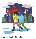 Long-haired woman wears green jacket, man in blue windbreaker walk with red umbrella in pouring rain, dangerous lightning flashes, thunder. Evening city, bad autumn weather, puddles. Thundercloud. Couple goes in pouring rain, escaping under umbrella. Evening city, lightning sparkles, rain pours. Стоковая иллюстрация, агентство Ingram Publishing / Фотобанк Лори