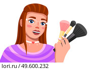 Young brown haired girl in glamour glasses talks about make-up brushes. Modern trendy girl with cosmetic accessories in hand. Woman with fashionable make-up and a choker on her neck. Blooger, streamer. Young stylish girl in glasses talks about makeup brushes. Video blogging, broadcasting, coaching. Стоковая иллюстрация, агентство Ingram Publishing / Фотобанк Лори