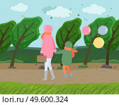 Windy autumn cold weather, mom wears pink jacket, child in green down jacket with colorful balls, back view, walk through autumn park. Wind tilts the trees. Fall weather, leaf fall. Clouds in the sky. Mom and child with balls walking in autumn park, cold windy weather, trees are sloping from wind. Стоковая иллюстрация, агентство Ingram Publishing / Фотобанк Лори
