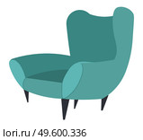 Cozy cartoon green armchair with wooden legs, chair with high rounded back, an interior item. Upholstery cushioned furniture. Stay at home. Sweet home. Interior design element vector illustration. A cozy soft chair with a high back and fabric upholstery. A piece of interior. Flat vector image. Стоковая иллюстрация, агентство Ingram Publishing / Фотобанк Лори