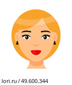 Vector cartoon character. Concept of avatar of young blonde woman with red lips and light makeup, earrings. Isolated portrait of pretty girl with elegance ponytail hairstyle. Attractive lady icon. Avatar of beautiful blonde woman with elegance ponytail, hairstyle, earrings, lady with light makeup. Стоковая иллюстрация, агентство Ingram Publishing / Фотобанк Лори