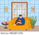 Man sitting on the sofa at home and correspondence surfing the Internet. Male character communicating through network on the tablet. Social media network communication digital gadget addiction. Man sitting on the sofa at home, surfing the Internet, using smartphone social media network. Стоковая иллюстрация, агентство Ingram Publishing / Фотобанк Лори